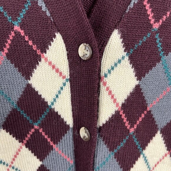 Gant Wool Diamond Argyle V-Neck Prep School Burgundy Sweater Women's Size M - Picture 4 of 8